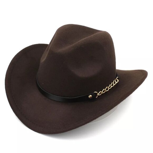 Brown Western Cowboy Hat Wide Brim Fedora Style with Chain Band for Men & Women - Picture 1 of 3